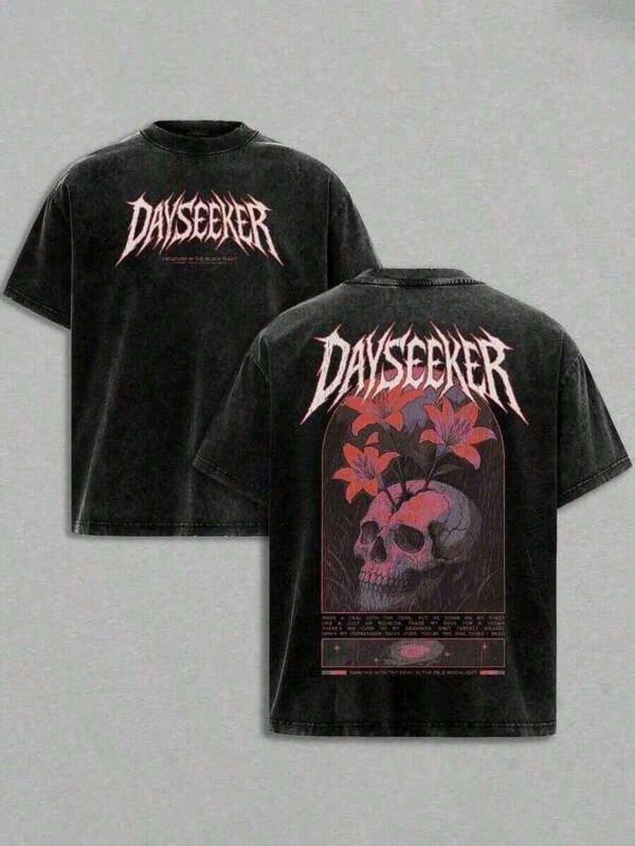 Ropa de Hombre, Camisetas Gráficas para Hombre, Camiseta Dayseeker Creature Metal Skull, Lavado Vintage, Lavado Ácido, Algodón Grueso, Camiseta Unisex de Banda de Rock, Retro Metalcore, Ropa Urbana, Mercancía de Concierto Y2K, Envío Gratis, Conjunto a Juego para Parejas, Camisetas Gráficas, Camisetas para Hombre, Ropa de Hombre, Camiseta Gráfica Retro Lavada Negra "System" - Corte Oversize, Estilo de Banda de Metal Alternativo, Diseño Gráfico Divertido, Cuello Redondo, Adecuada para Adultos, Ropa Casual Versátil, Aspecto Vintage Desgastado, 100% Algodón, Camiseta Estampada. - Negro - Ver 1