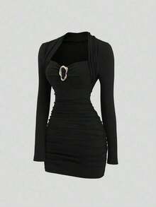 MEXSweetra Nuevo vestido de cóctel elegante para fiesta, color burdeos con decoración metálica, silueta ajustada, adecuado para Navidad y ocasiones formalesMEX DNHH - Celeste - Ver 7