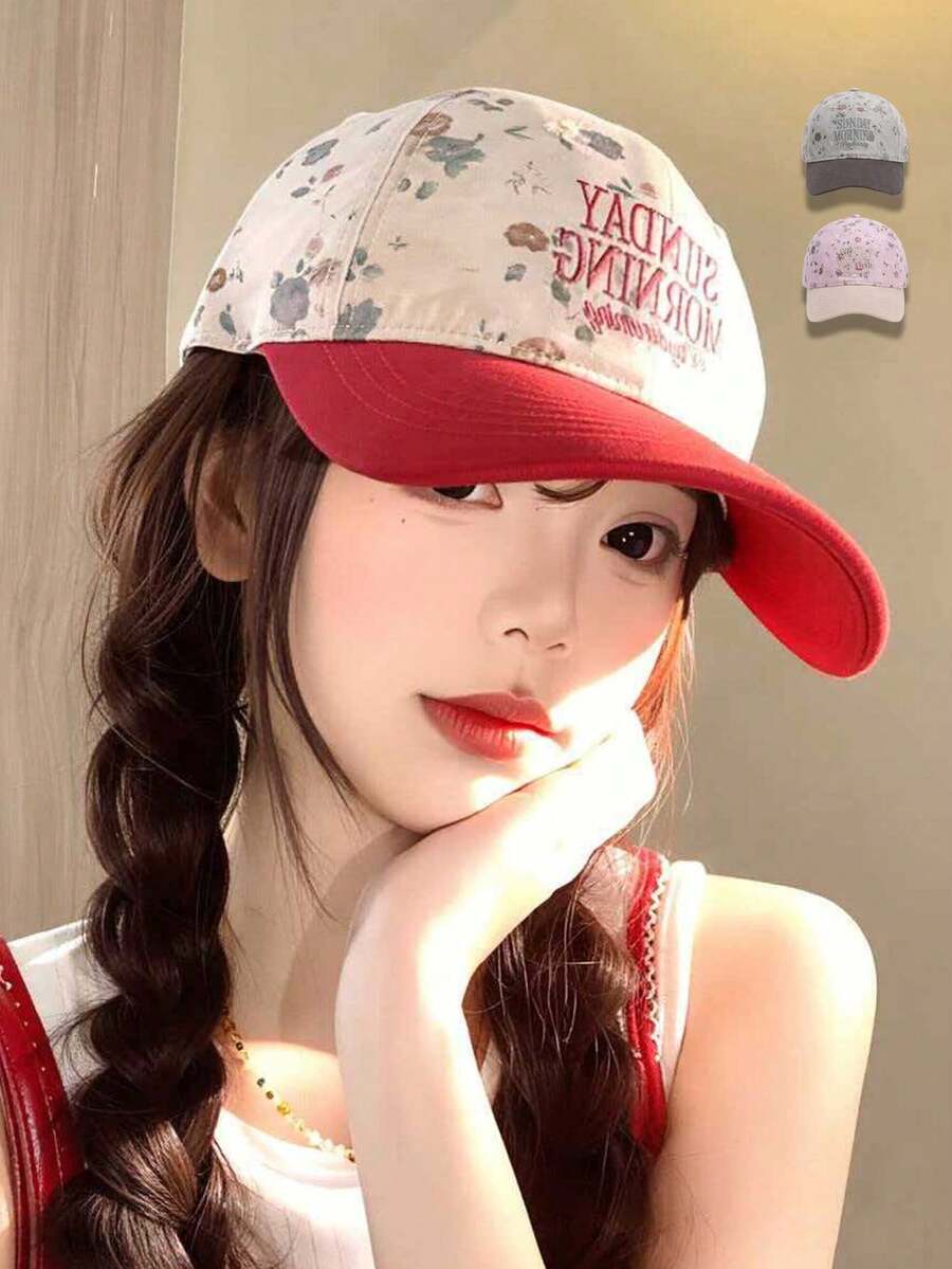 1件復古拼接花卉棒球帽,柔軟帽頂字母印花平頂帽,百搭休閒戶外運動穿搭 - 彩色 - 查看 1