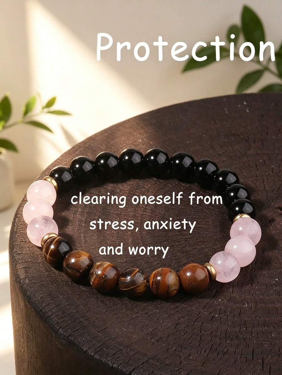 YAUKIA Pulsera de protección de ojo de tigre de moda para mujeres, cuarzo rosa y obsidiana, pulsera de atracción de manifestación, confianza, poder, joyería de yoga, regalo para mujeres y hombres, regalo perfecto para el Día de la Madre y el Día del Padre - Multicolor - Ver 1