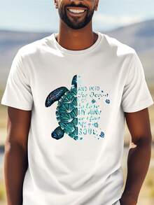 Camiseta Ligera de Algodón Mezclado para Hombre - Diseño de Arte Oceánico con Tortuga Marina, Cuello Redondo de Verano, Lavable a Máquina, Ideal para Actividades Diarias y al Aire Libre, Casual y Holgada, Tejido Transpirable, Moderna, Joven y a la Moda - Blanco - Ver 1