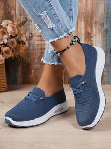 Women's Breathable Knit Slip-On Tennis Shoes - Lightweight, Comfortable Wedge Sneakers For Casual Walking & Daily Wear - Blue - View 4