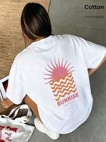 Spring/Summer Oversized Tops,% Cotton, Women's Short Sleeve T-Shirts, Ocean Sunrise Pattern, Solid Color Crew Neck, Soft And Comfortable, Casual, Streetwear, Y2K, Beach, Graduation Party, Vacation, Summer Top, Spring, T-Shirt, Gym, Sports, Party Tops, Vintage, Carnival, San, Maija, Women's Blouses, Women's Summer Clothing, Spring Outfit, Funny Vacation T-Shirts, Beach, Casual, Cute Blouses, White Blouse, Summer Blouses, Women's Spring Blouses, Women's Easter Clothing, Carnival, All Seasons, Office/Lounge/Home/Minimalist, Women's Western Outfits, American Retro Style, Unisex, Outerwear, Autumn, Women's Plus Size, San, Carnival, Summer Vacation Tops, Party, Graduation, Wedding - White - View 7