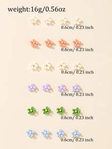 12 pares de pendientes de botón con flores pequeñas de 5 pétalos de colores múltiples con diseño refrescante, adecuados para vacaciones, viajes, regalo de joyería para mujeres - Multicolor - Ver 4