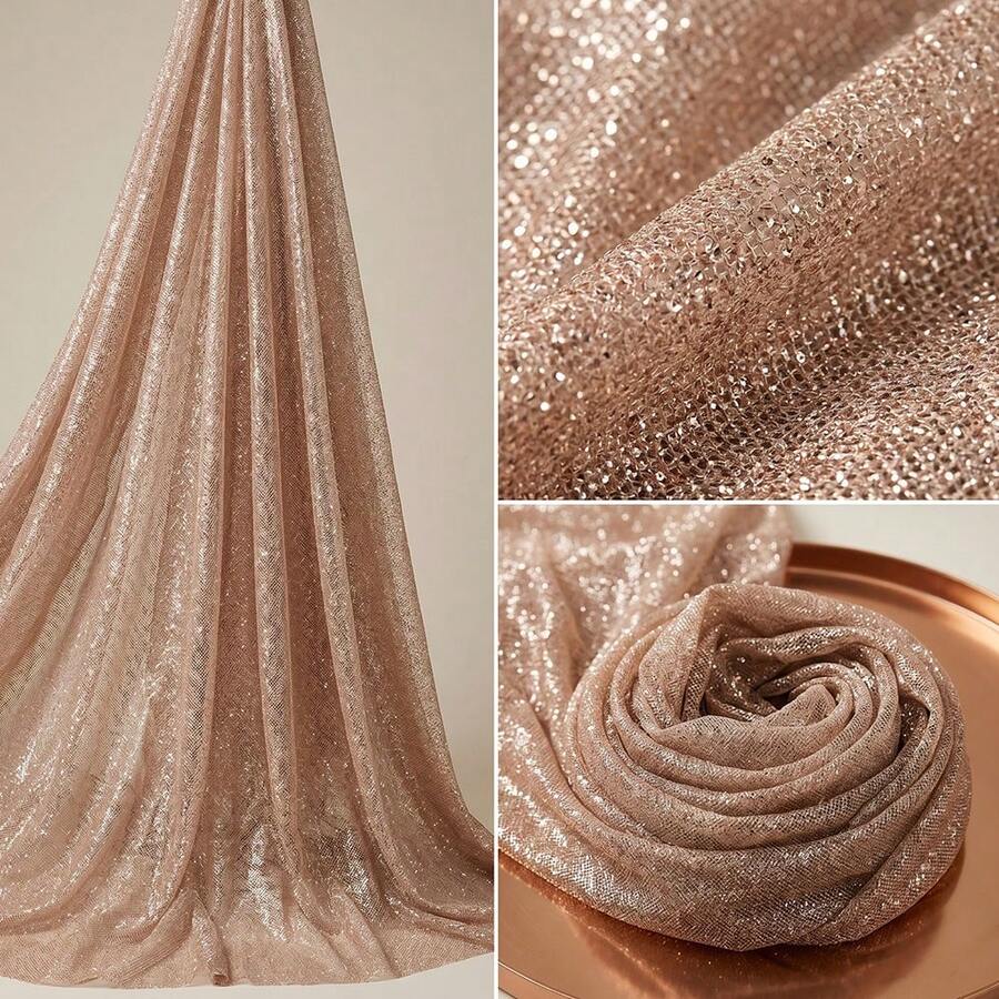 1件优雅玫瑰金镂空闪亮网纱面料,透明网纱面料,适用于婚纱、正式场合、室内或派对装饰,设计师DIY缝纫工艺材料,大尺寸面料 - 金色網布 - 查看 1