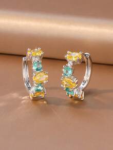 1 Pair Women's Gold & Silver C-Shaped Earrings, Featuring Alternating Oval Yellow And Round Green Gemstone Embellishments, Silver Style Suitable For Summer Beach Accessories, An Ideal Jewelry Gift. - Multicolor - View 7
