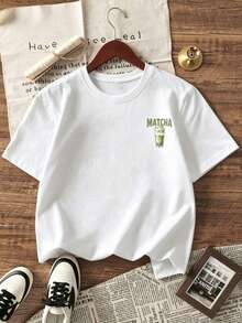 1 Piece Women's Short Sleeve Round Neck T-Shirt, Loose Fit For Summer, With Matcha Latte Theme Graphic Print, Suitable For Vacation, Office, Outings, Daily Wear, Dates, Parties, Meetings, Street, Festivals, Music Festivals, Valentine's Day, Casual Occasions - 白色 - 查看 2