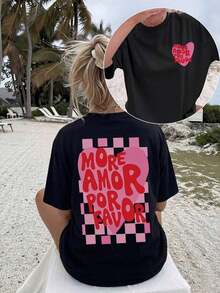 2026 Fashion ,1PC,Vintage More Amor Por Favor Checkered Heart Loose-Fit Women's-Shirt, Summer Beach Vacation Style Aesthetic Double-Sided Print Short- - 黑色 - 查看 6