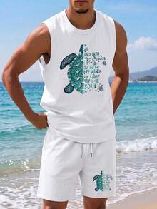Men's Summer Round Neck Casual Tank Top And Shorts Set - White - View 1