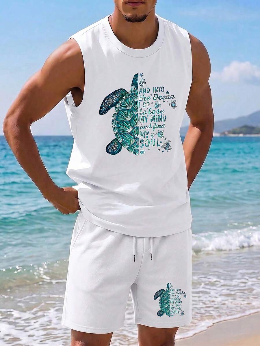Men's Summer Round Neck Casual Tank Top And Shorts Set - White - View 1