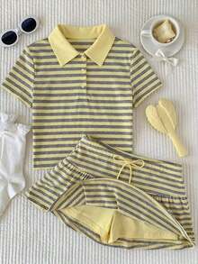 Conjunto de 2 piezas de camiseta de manga corta a rayas y minifalda casual de verano para mujer - Multicolor 4 - Ver 7