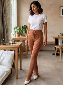 Women's Slim Fit Ribbed Knit Pants With High Waist And Adjustable Drawstring, Casual, Autumn/Winter Knitwear - Rust Brown - View 8