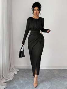 MEXSHEIN Elenzya Vestido de manga larga marrón de uso versátil para Navidad, Año Nuevo, negocios y uso diario, con decoración metálica y cintura ceñida, elegante y de estilo vintage de la calle francesaMEX XD9O - Negro - Ver 5