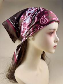 1pc Women's Bohemian Style Colorful Floral Heart Pattern Square Silk Scarf, Elegant Neckerchief Headscarf Hair Accessory - Coffee Brown - View 2