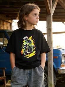 Camiseta de verano para niños, suave y casual, de manga corta y cuello redondo, con estampado gráfico de motocicleta todoterreno; ideal para uso diario, deportes y estilo urbano.White - Negro - Ver 7