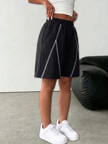Pantalones cortos deportivos de punto con costura de contraste holgados para adolescentes, pantalones cortos tipo bermuda casuales de moda para primavera y verano, versátiles para uso diario en la escuela - Negro - Ver 5