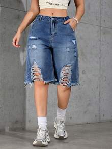 Washed Ombre Distressed Loose Denim Shorts, Casual Summer ,Petite Women - Blue - View 1