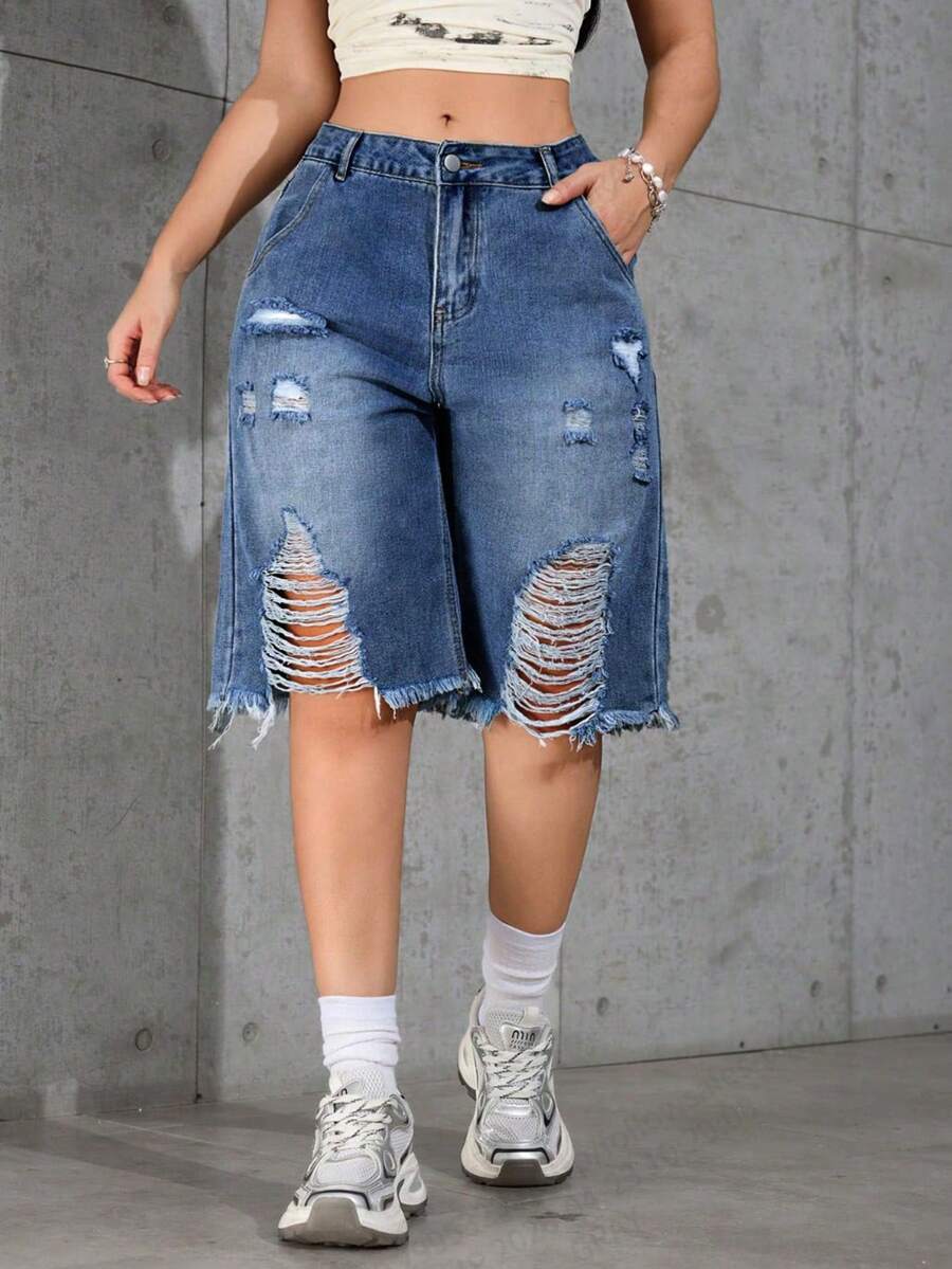 Washed Ombre Distressed Loose Denim Shorts, Casual Summer ,Petite Women - Blue - View 1