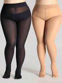 2pcs/Set Classic 300D High Elasticity Solid Color Pantyhose For Plus Size Women, Skin Tone - Multicolor - View 7