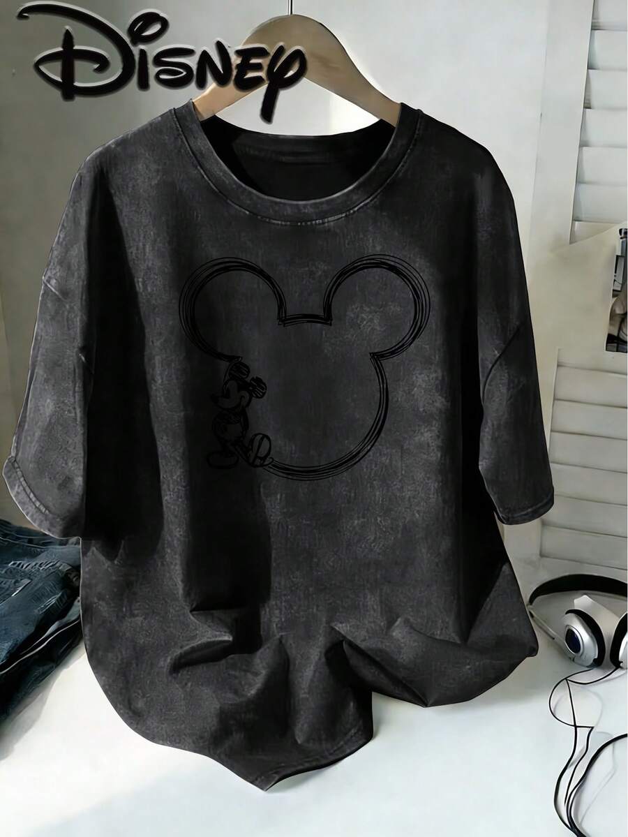 Disney Mickey Head Line Art Border Vintage Hand Drawn Style Minimalist Creative Print Stylish Oversized Vintage T Shirt 2026 Spring Summer Crew Neck T - 黑色 - 查看 1