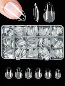 330pcs/Box Short Almond Shaped Acrylic Matte Transparent Nail Tips, 15 Sizes Carved Soft Gel Quick Extension Nail Kit, Press-On Artificial Fake Nails - Clear - View 5