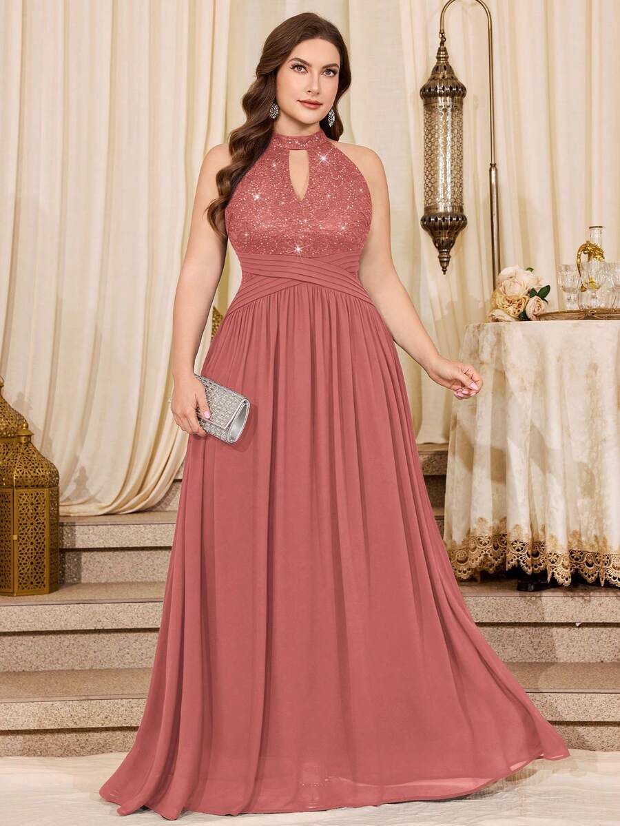 Đầm dạ hội size lớn cổ yếm đính sequin ren hoa nhún eo phối voan chiffon, đầm dạ hội, đầm dự tiệc cưới, cho sinh nhật, lễ tốt nghiệp - Bụi hồng - Xem 1