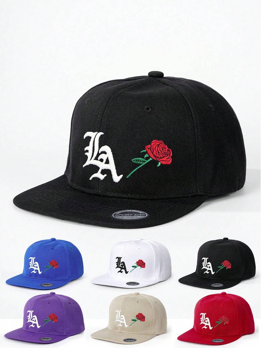 1pc Embroidered LA Rose Flat-Brim Baseball Cap, Personalized Letter Embroidery, Streetwear Fashion 5-Panel Cap, Outdoor Sun Protection Casual Hat For Spring/Autumn Travel, Beach - Baseball Cap - View 1