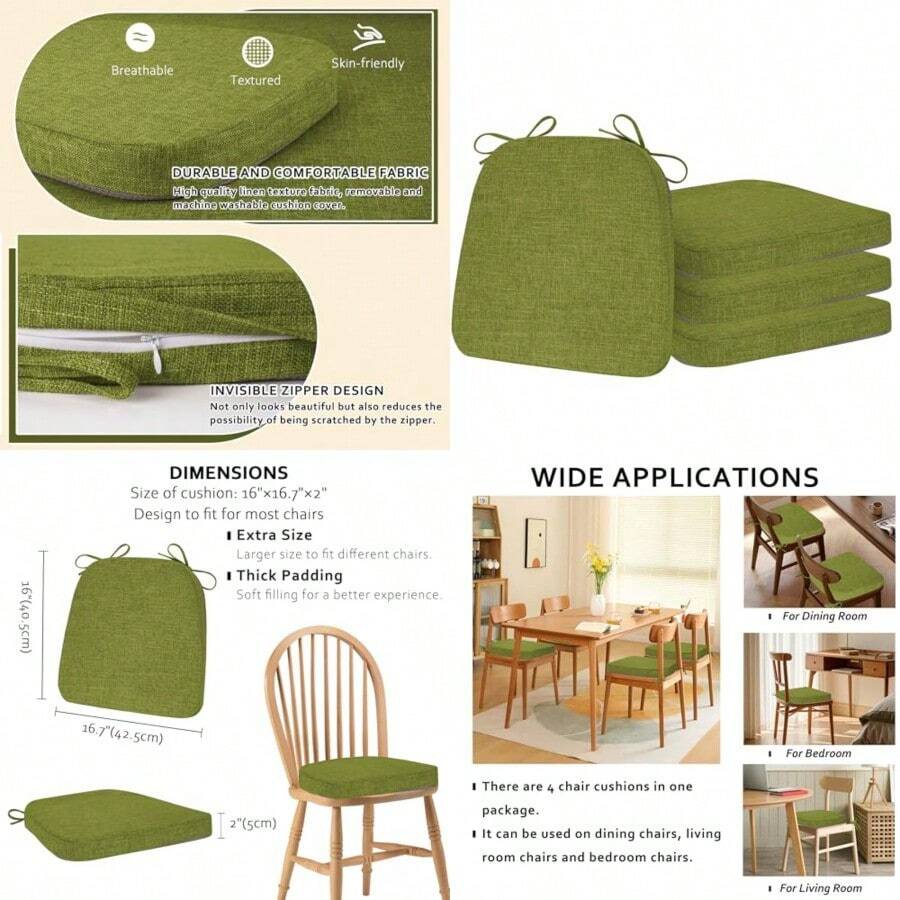ELFJOY - Juego de 4 cojines de silla antideslizantes para sillas de comedor 4 cojines de asiento con lazos para interiores 16.7 x 16 pulgadas color - Verde - Ver 1