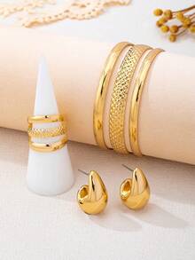 4pcs/Set Fashionable Metallic Geometric Hollow Water Drop Shaped Ring, Bracelet And Earring Set For Women - Yellow Gold - View 3
