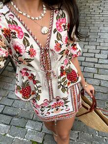 Elegant Women's Summer Bohemian Style Printed 2-Piece Set, Including V-Neck Tie-Waist Top And Wrap Mini Skirt, Suitable For Vacation, Beach Outing And Daily Wear - Multicolor - View 9