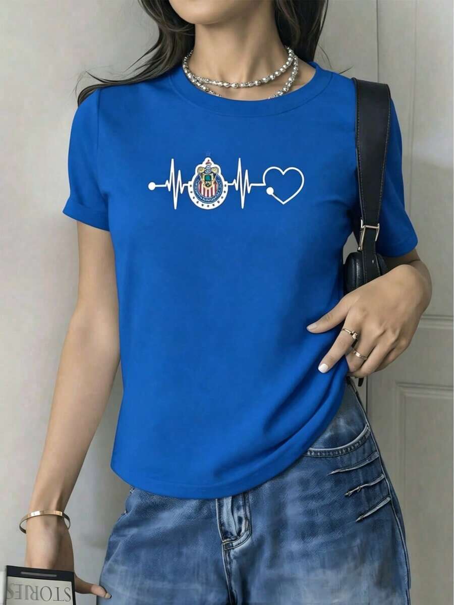 2026 Heartbeat With Shield That Symbolizes The Infinite Passion For Football And The Love That Makes Every Heart Vibrate, Showing Strength, Unity And Mexican Pride. Women's T-Shirt 100% Cotton 220g Cool100% Cotton - 藍色 - 查看 1