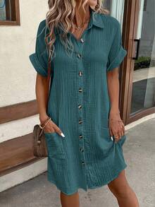 Vestido Camisero Casual de Color Sólido Moda 2026, Mini Vestido Elegante con Cuello de Solapa y Botones para Mujer, Ropa Cómoda de Verano Diario - Gris - Ver 8