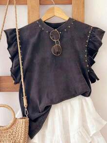 Camiseta de mujer de cuello redondo 100% algodón con estampado de leopardo y mariposa, y puños con volantes, regalo para amigos - Negro 2 - Ver 3