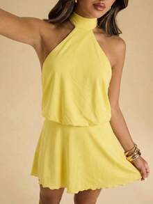 Vestido corto de verano elegante y sexy con estampado floral y espalda descubierta - Amarillo - Ver 6