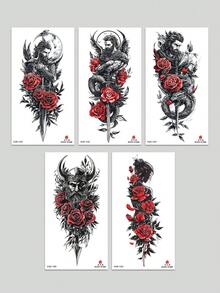 5 piezas de tatuajes temporales grandes, pegatinas para el Body con patrones de rosa roja, héroe y belleza, tatuajes falsos unisex para muslo, brazo, pierna y pecho - Navideño - Ver 9