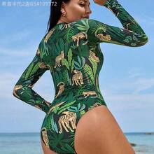 Soqi Women's Clothing  Bañador informal de manga larga con estampado de plantas tropicales para mujer, vestido de playa para vacaciones - Multicolor - Ver 3