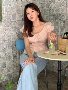 2016 Blusa de manga corta ceñida con cinturón y mangas abullonadas, color rosa, tops lindos para primavera/verano - Verde militar - Ver 10