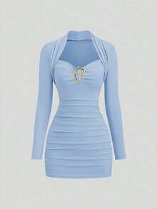 MEXSweetra Nuevo vestido de cóctel elegante para fiesta, color burdeos con decoración metálica, silueta ajustada, adecuado para Navidad y ocasiones formalesMEX DNHH - Celeste - Ver 6