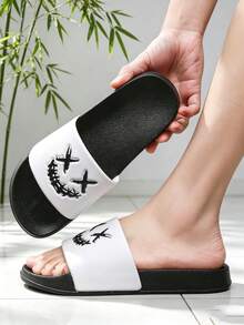 1 Pair White Body Slippers, All-Season Indoor Home Slippers, Campus Style Bathroom Slippers, Dormitory Slippers, Couples Slippers, Outdoor Beach Slippers, Sports Slippers, Slip-On Sandals, Slip-On, Face Pattern, Bring Good Mood Everyday - White - View 4