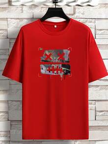 Camiseta de manga corta primavera/verano 2023, estampado de marca de moda americana, cuello redondo para jóvenes, estilo oversize, top casual versátil. - Rojo - Ver 1