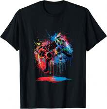 Camiseta de Gamer con Diseño de Controlador de Videojuegos y Gotas de Pintura - Negro - Ver 8