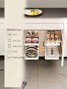 1PC Expandable Pot Lid Organizer Rack, Adjustable Kitchen Cabinet Storage Rack, White Metal Pan Lid Holder For Baking Tools, Plates And Cookware, Space Saving Kitchen Organizer, Pull Out Storage Rack, Cookware Organizer, Cabinet Shelf Organizer, Home - White - View 9