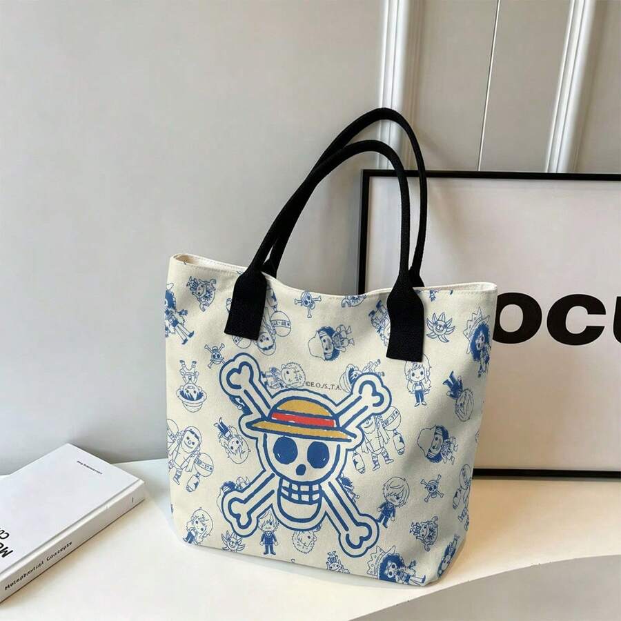 Miniso One Piece Cute Straw Hat Pirates Jolly Roger & Chibi Crew Print Canvas Tote Bag, Beige Shoulder Bag For Daily Use - Black - View 1