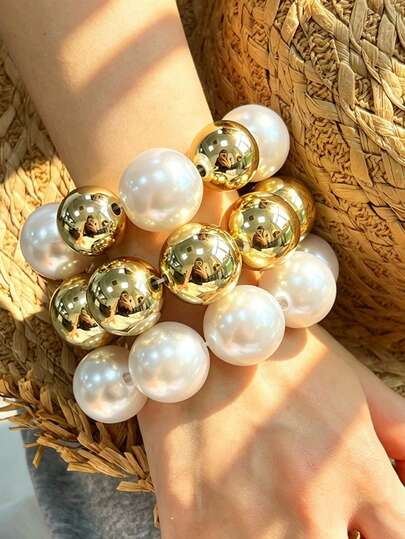 1 pieza Brazalete exagerado de moda vintage con moneda y perla falsa de color contrastante, adecuado para mujeres, parejas, hermanas, vacaciones de verano, citas, casual, fiestas, bodas, regalos para mamá, amigos