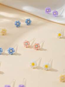 12 Pairs Colorful Cute Double-Layer Flower Stud Earrings Set, Suitable For Daily Wear, Vacation, Holiday Gift For Women - Multicolor - View 3