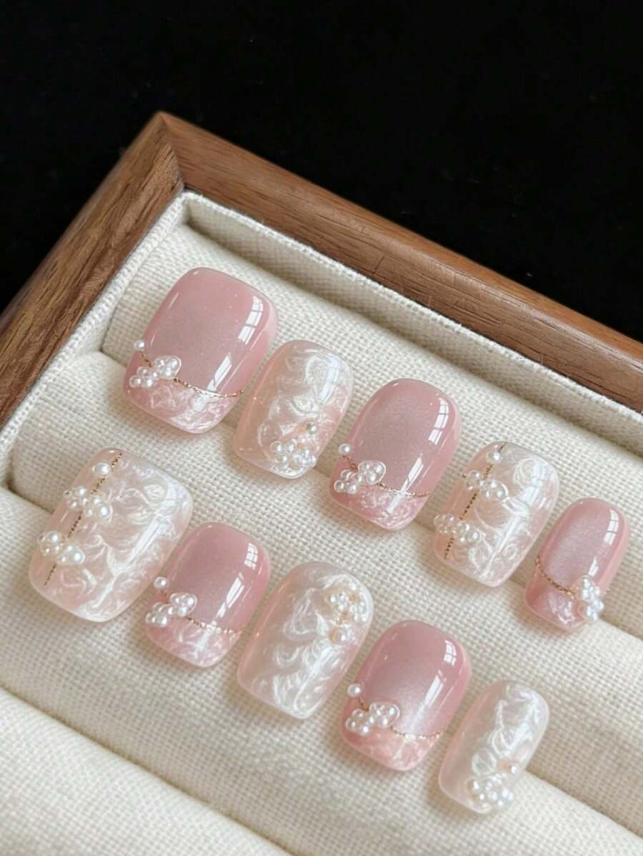 qihangxin 10片手工短指甲贴纸，纯净性感珍珠浮雕，猫眼渐变，云朵珍珠图案，可爱粉色猫眼，夏季美甲，粉色美甲，短款方形和圆形指甲适用，附赠工具包，适合日常佩戴和节日礼物