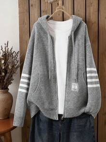 Cárdigan con capucha y cremallera de estilo casual para mujer, top de punto de estilo Y2K, adecuado para citas, uso diario, primavera, vacaciones, fiestas de estudiantes - Gris Claro - Ver 1