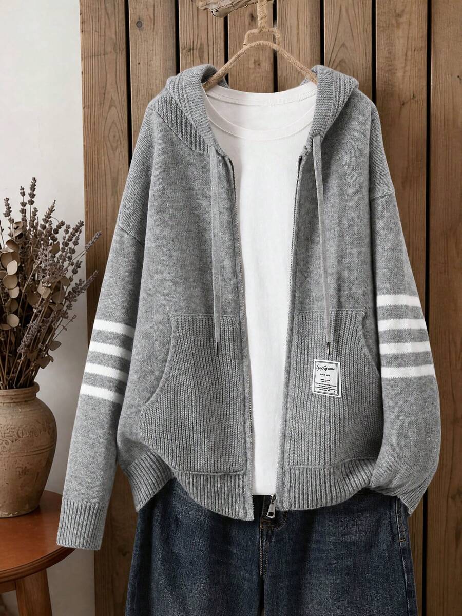 Cárdigan con capucha y cremallera de estilo casual para mujer, top de punto de estilo Y2K, adecuado para citas, uso diario, primavera, vacaciones, fiestas de estudiantes - Gris Claro - Ver 1