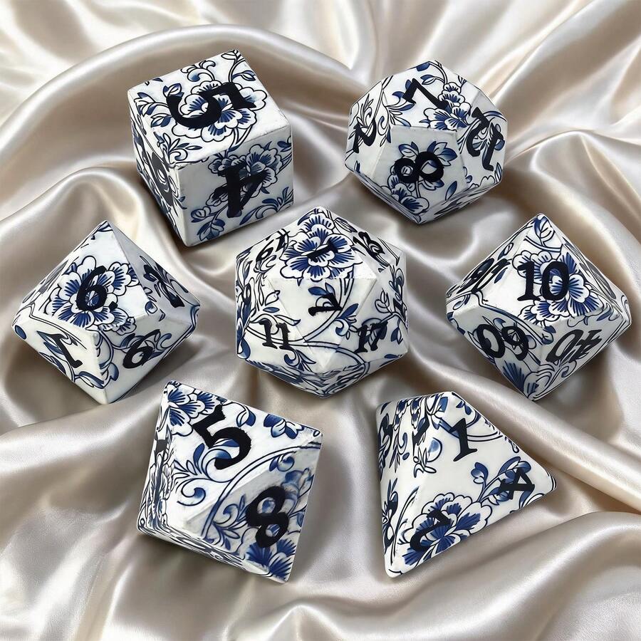 7-Piece Ancient Blue And White Porcelain Polyhedral Dice Set, Odorless, For RPG Tabletop & Outdoor Yard Games, Holiday Gift