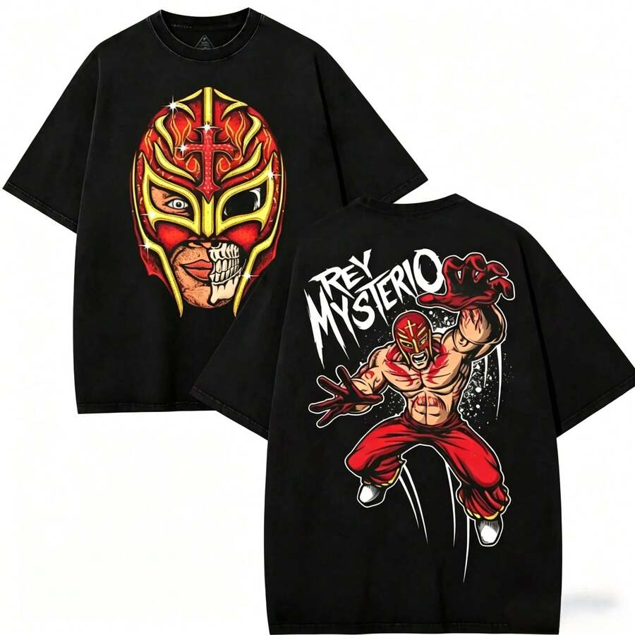 S-3XL Men's Wrestling Theme T-Shirt With Devil Dog Group Print, A194 Casual Summer T-Shirt, Crew Neck - 酒紅色 - 查看 1